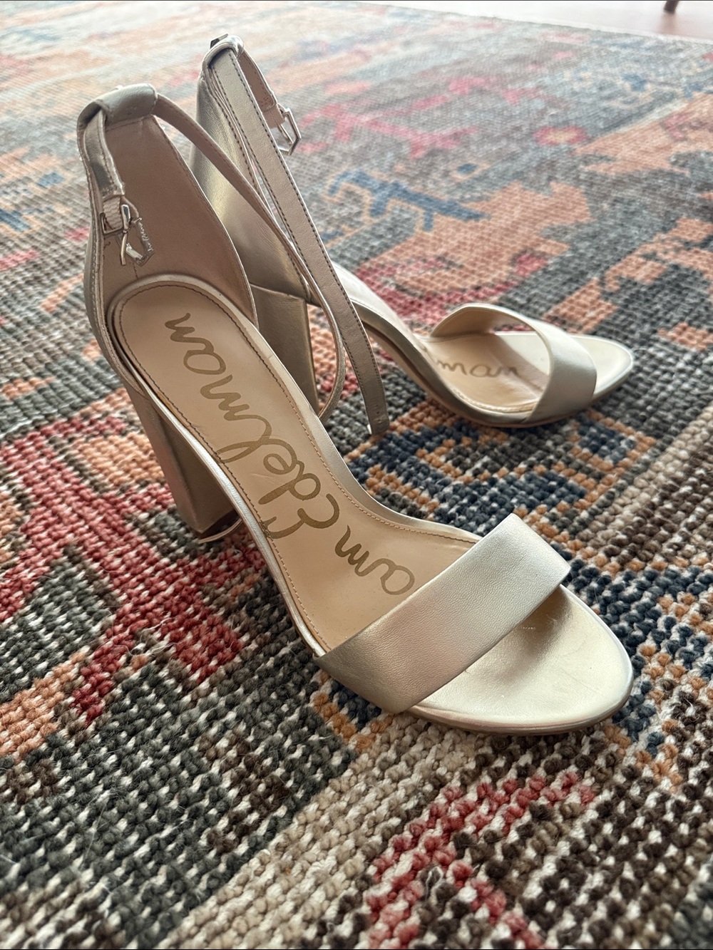 Sam Edelman Champagne Metallic Ankle-Strap Block Heels